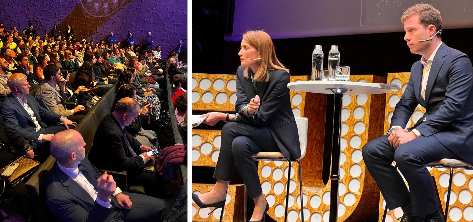 A la izquierda, imagen del aforo de butacas lleno, durante la intervención de Metsola. A la derecha, Metsola, junto al moderador del encuentro, escuchando la intervención de los jóvenes
