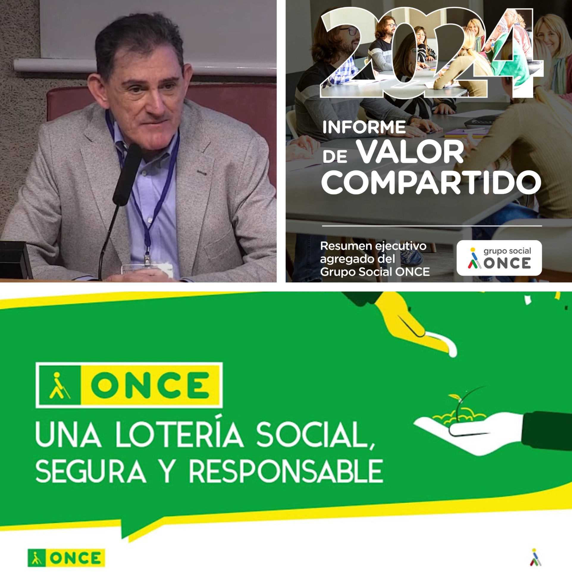 Collage de imágenes: Miguel Prieto, portada del Informe de Valor Compartido del Grupo Social ONCE de 2024 y logo de juego responsable de la ONCE