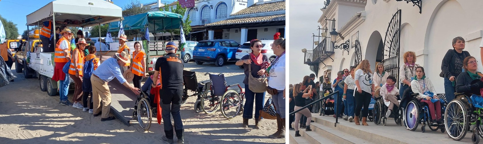 Dos imágenes de peregrinos con discapacidad, en silla de ruedas, camino de El Rocio