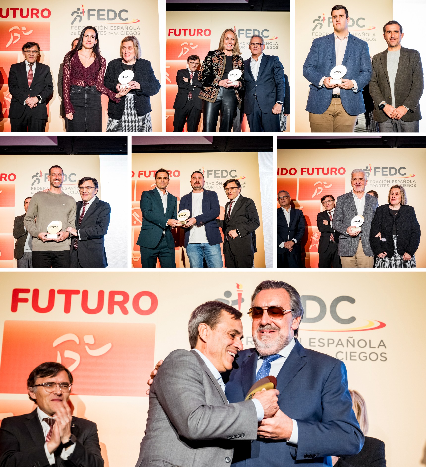 Collage de imágenes de los premiados en la Gala de la FEDC. Foto 1: Alba García. Foto 2: Marina Arines. Foto 3: Rodrígo Suárez. Foto 4: Albert Gelis. Foto 5:, Bernabé Sánchez-Minguet y José Luis Toral. Foto 6:José Manuel Pichel, y foto 8, Alberto Jofre recoge el premio de manos de Miguel Carballeda