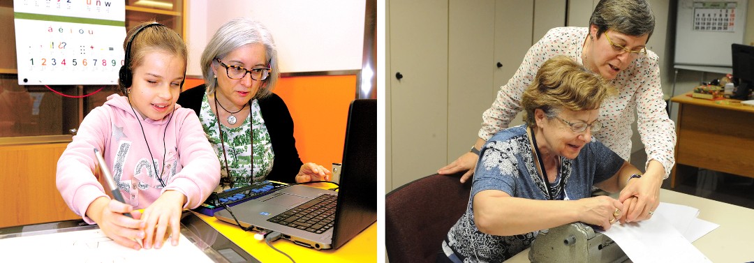 Niña ciega, junto a su profesora de la ONCE, aprendiendo braille. A la derecha, promotora braille de la ONCE junto a una mujer afiliada, enseñándole el manejo de la máquina perkins para escribir en braille