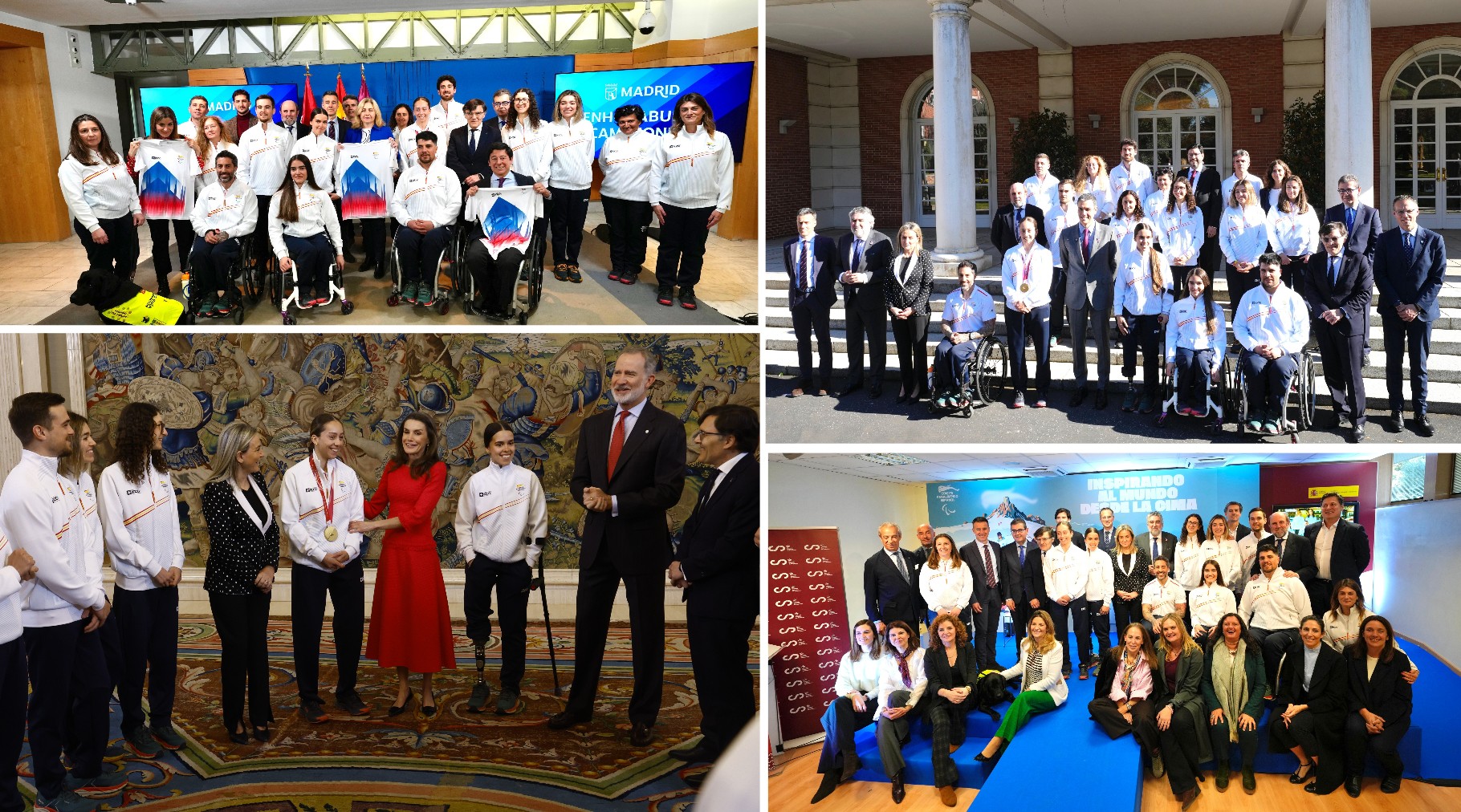 Arriba,recepción en el Ayuntamiento de Madrid, a la ida. a la derecha en Moncloa con Pedro Sánchez. Abajo, el equipo con los reyes, y a la derecha en el Consejo Superior de Deportes