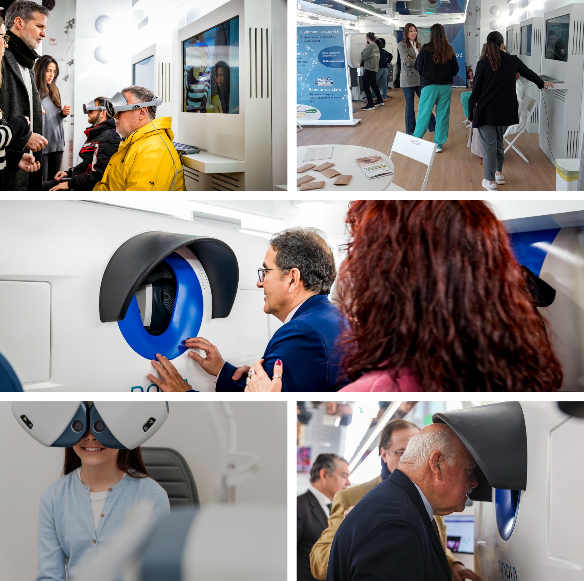Collage de imágenes del interior del camión, con diversas personas realizando una revisión visual, durante la ruta realizada en diversos hospitales españoles