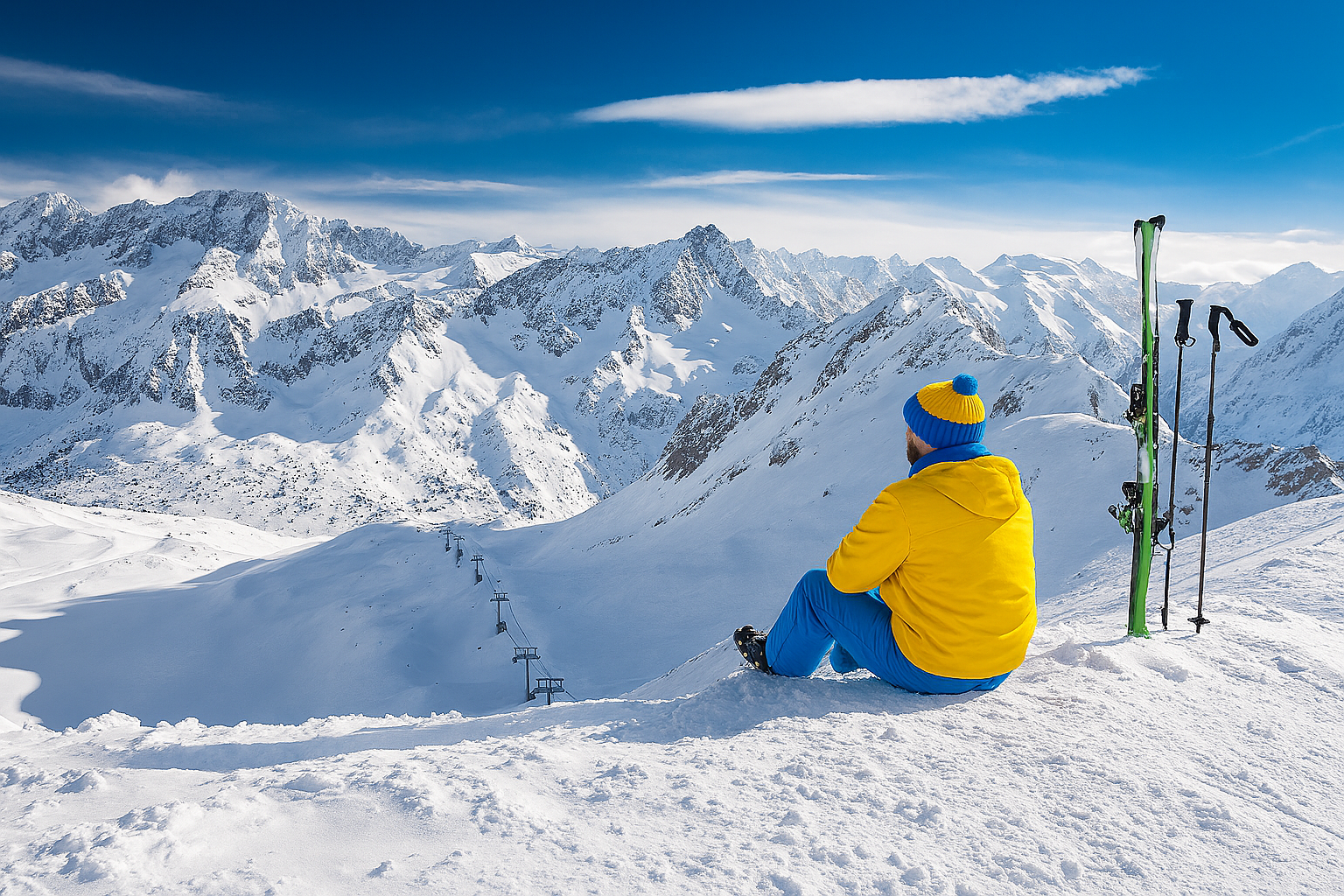 Esquiador sentado sobre la ladera de una montaña equipado con los colores de Ilunion