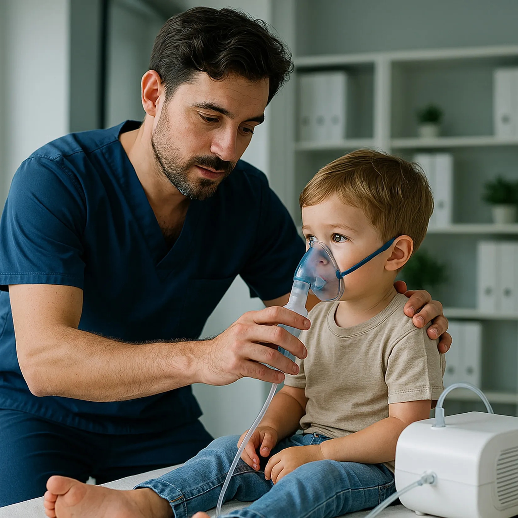 Fisioterapeuta de Ilunion realizando un tratamiento de fisioterapia respiratoria pediátrica en un bebé
