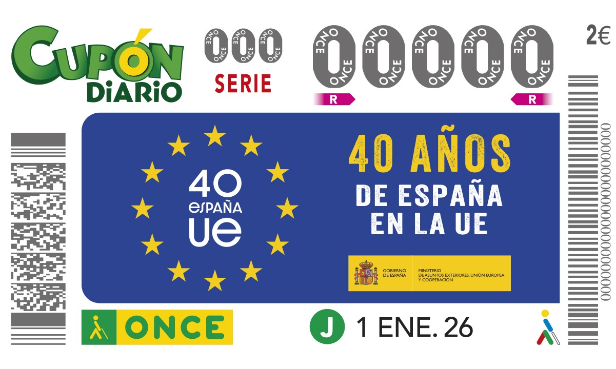 Imagen del cupón dedicado al 40 aniversario de la adhesión de España a la UE