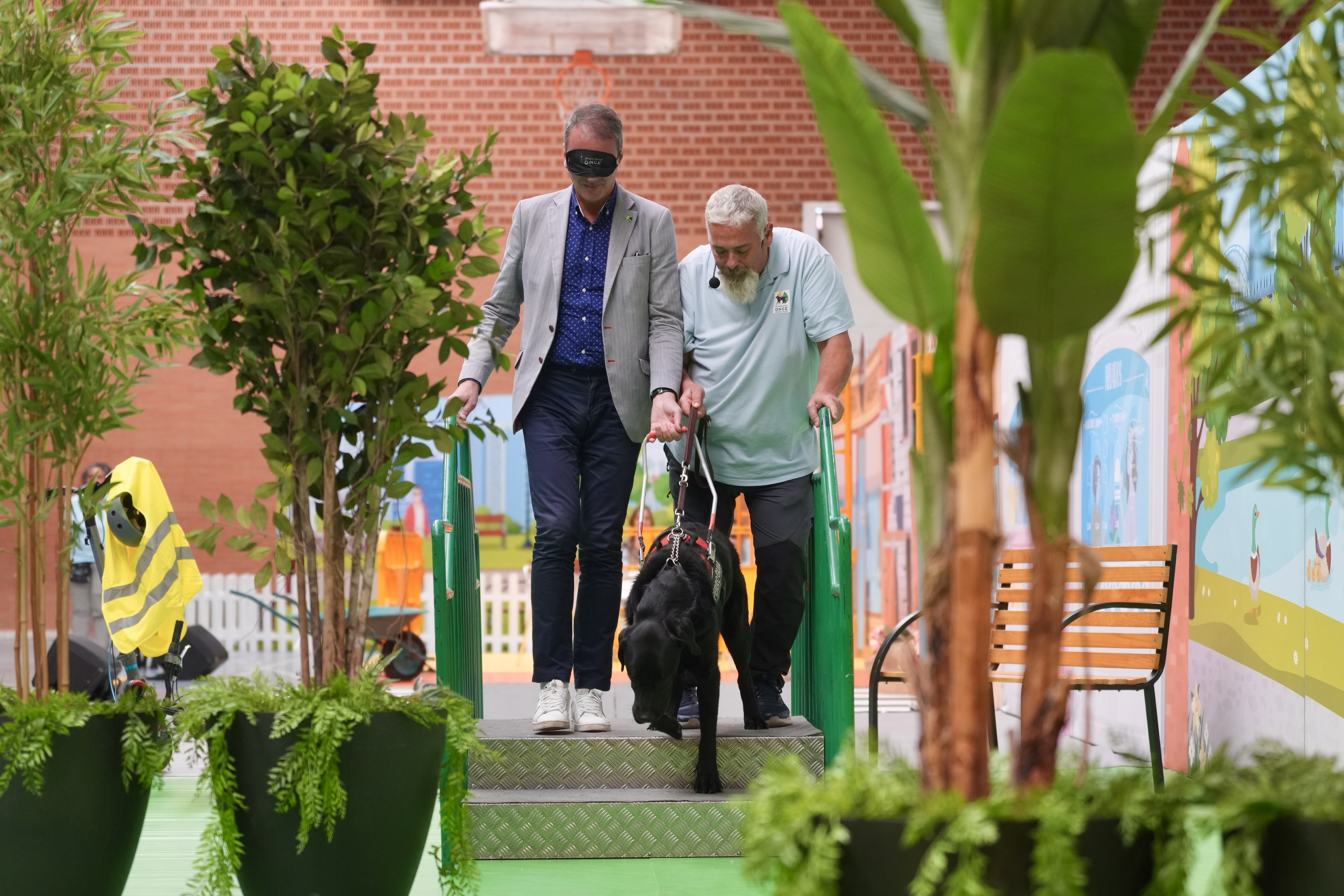 Momento en el Orozco baja unas escaleras guiado por un perro de la ONCE