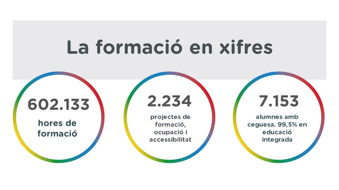 La formació en xifres 602.133 hores de formació 2.234 projectes de formació, ocupació i accessibilitat 7.153 alumnes ambo ceguesa. 99,5% en educació integrada