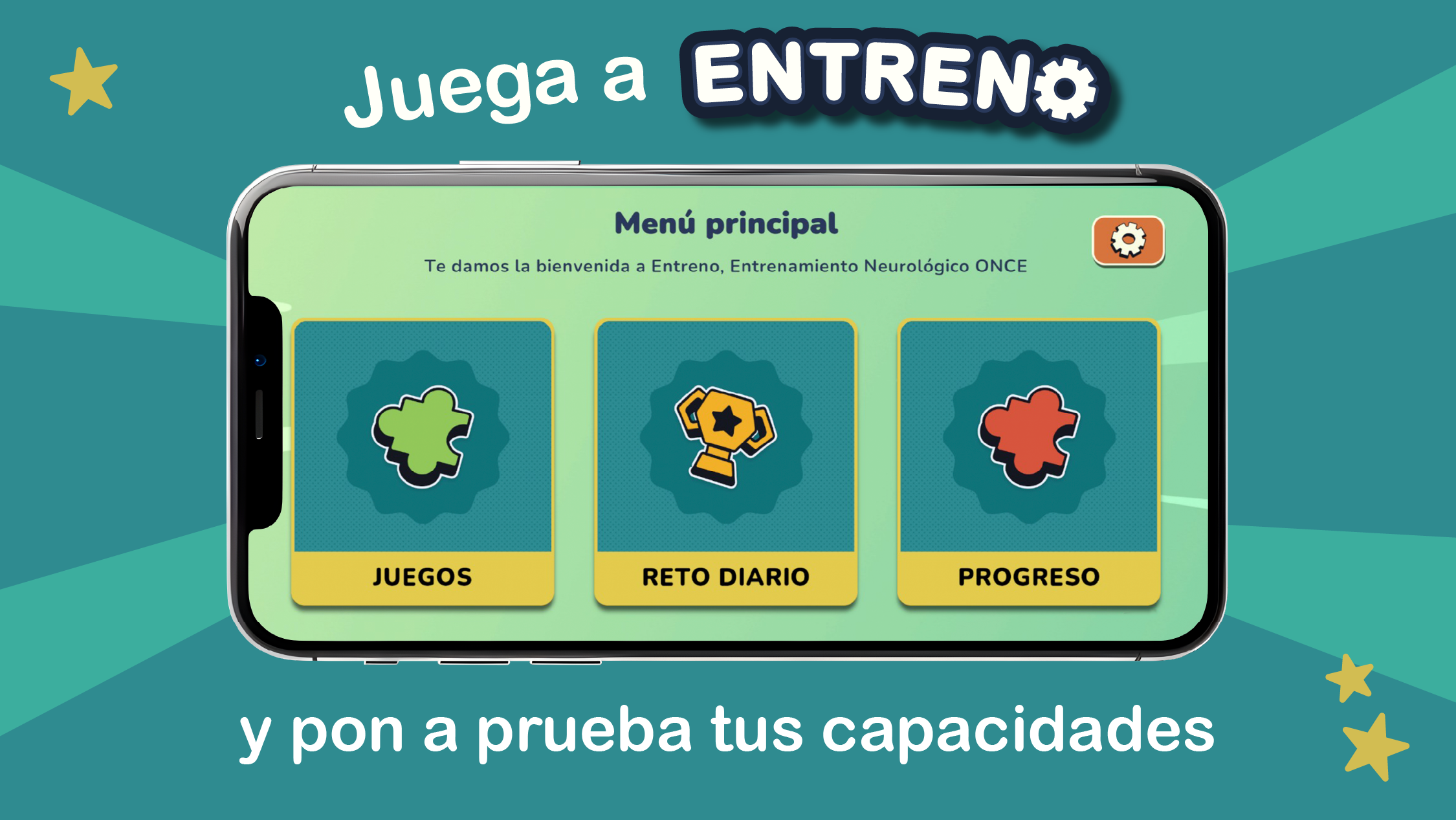Captura de pantalla del menú principal, y texto "juega a Entreno y pon a prueba tus capacidades"