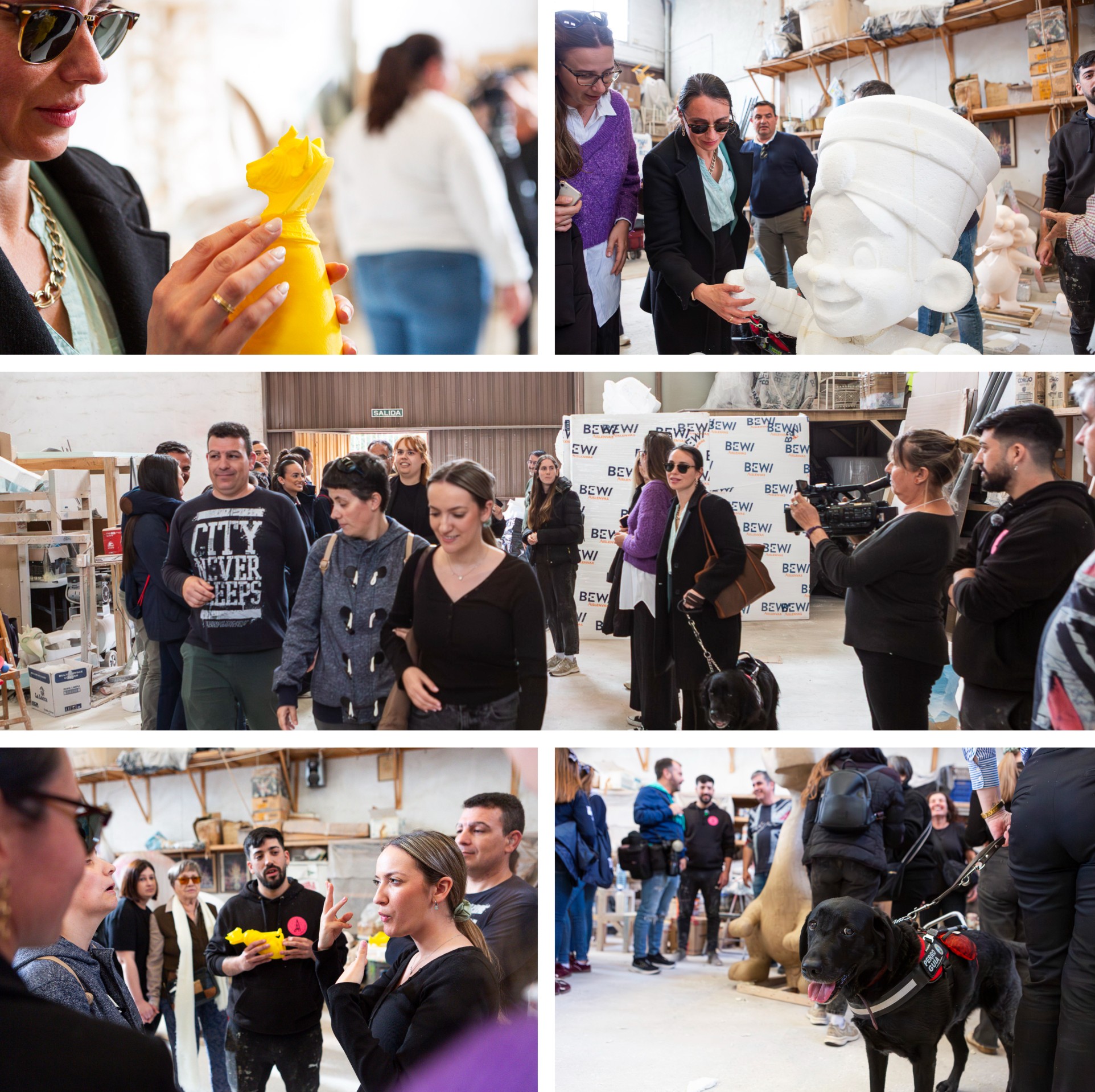 Diversos momentos de la visita del grupo de personas sordociegas y sus mediadores al taller de la foguera