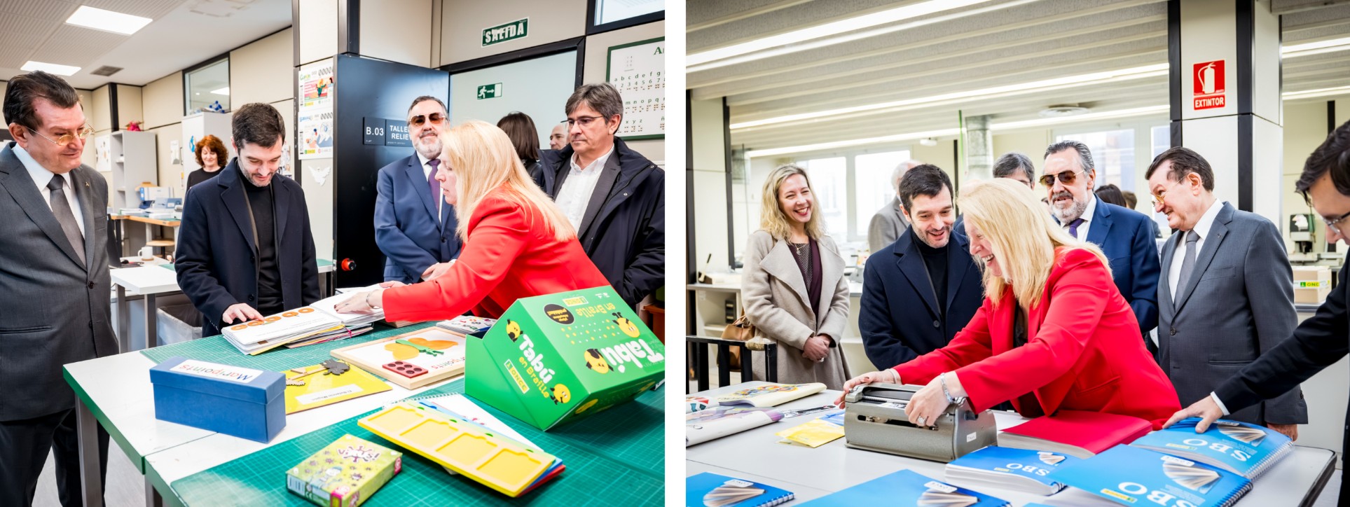 Momento de la visita del ministro al SBO, tocando diversos materiales en relieve