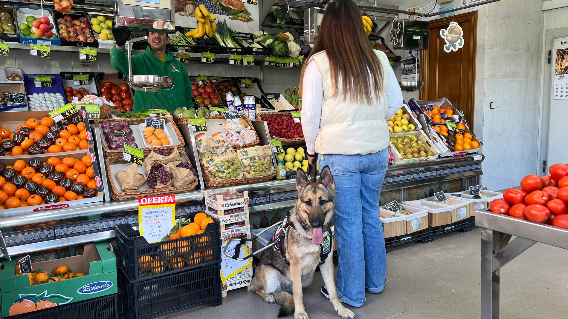 Usuaria de perro guía en el interior de una frutería