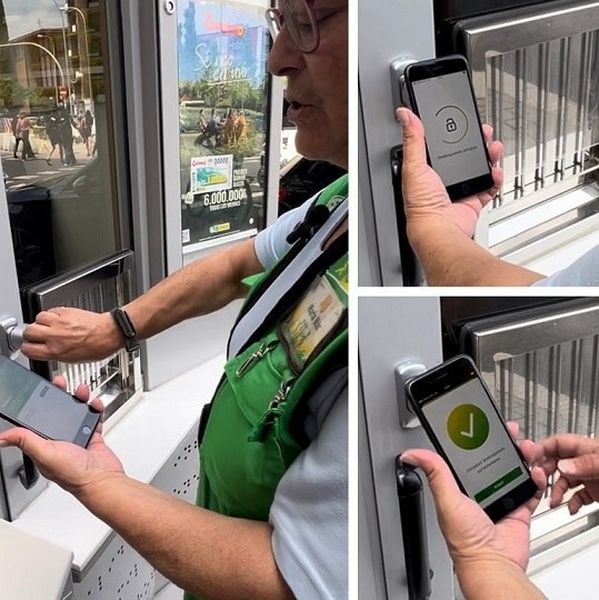 Collage de imágenes que muestran el proceso de apertura del quiosco in llave utilizando únicamente el dispositivo móvil