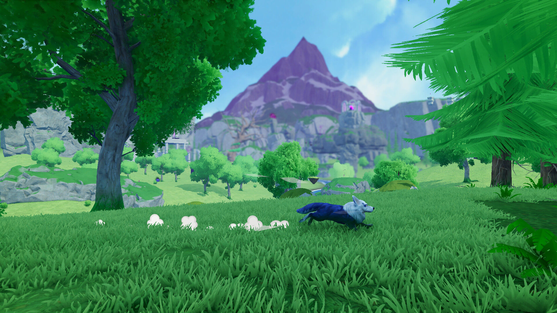 Captura de pantalla de Herdles con un perro corriendo por un campo inmenso y verde y al fondo una gran montaña
