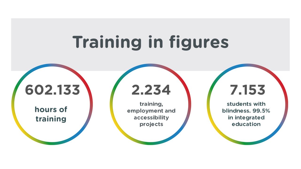 Training in figures 602.133 hours of training 2.234 training, employment and accessibility projects 7.153 students with blindness. 99.5% in integrated education