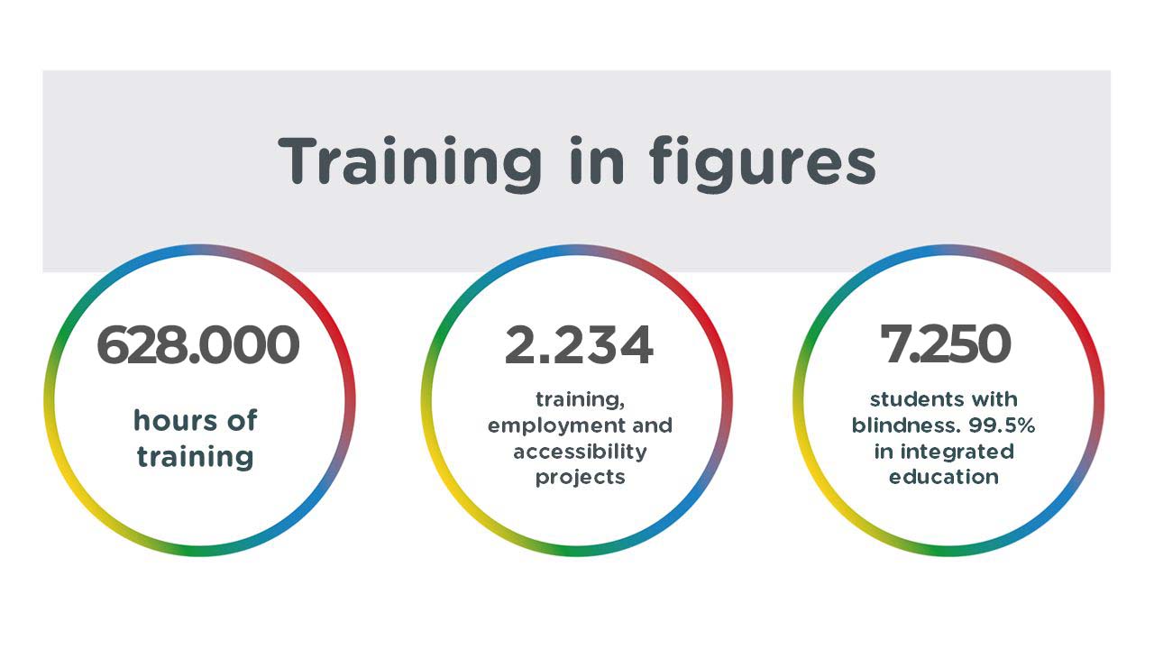 Training in figures 628.000 hours of training 2.234 training, employment and accessibility projects 7.250 students with blindness. 99.5% in integrated education