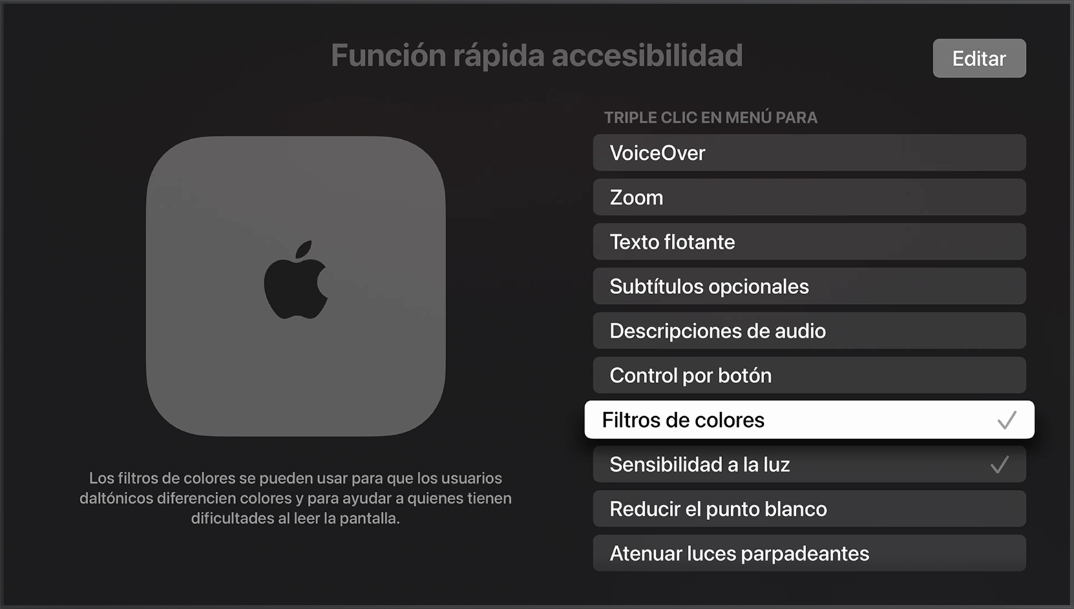 Un menú de funciones de accesibilidad de Apple TV.png