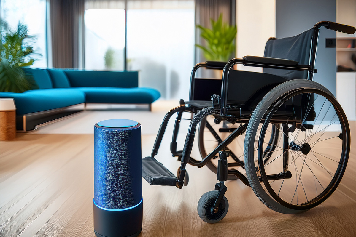 Una silla de ruedas al lado de un altavoz Alexa en el salón amplio de una casa con suelo de madera y muy iluminada
