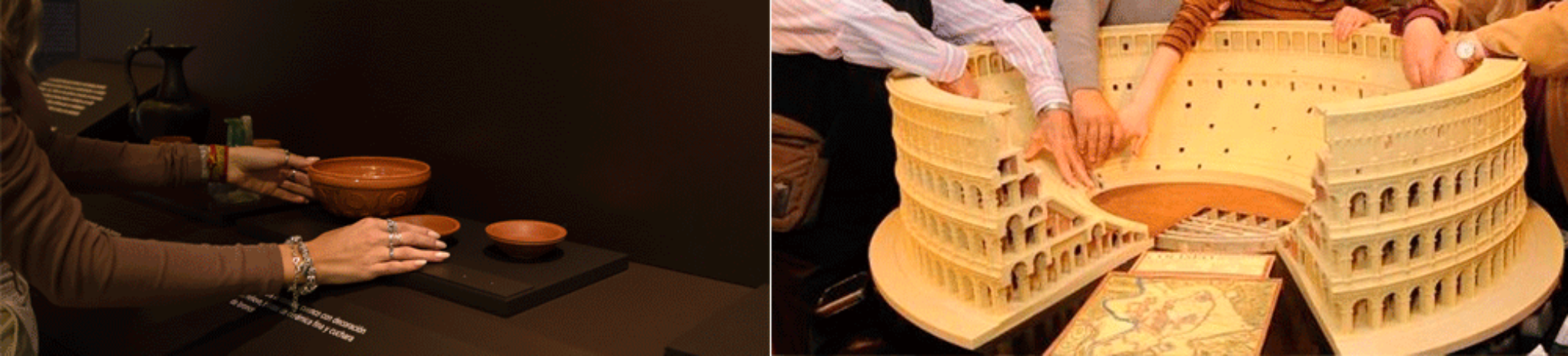 A la izda manos tocando piezas de una de las estaciones del MAN. A la derecha, manos tocando la maqueta del Coliseo del Museo Tiflológico